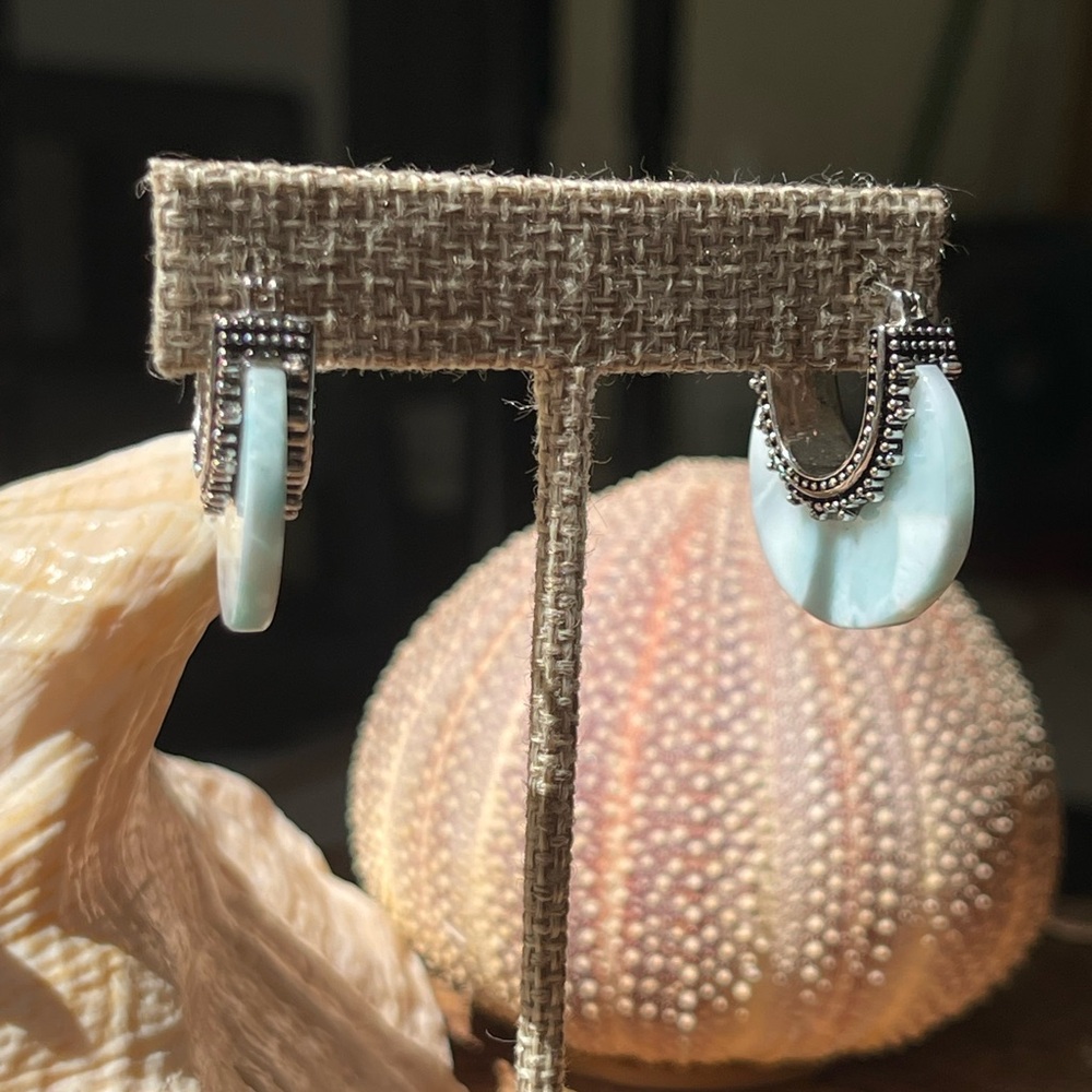 Vintage Meran Indonesia Sterling Silver Latch Back Aqua Blue Hoop Earrings